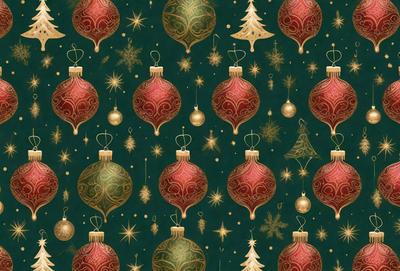 The primary subject of the image is a pattern of Christmas ornaments, which are decorative balls that are often used to adorn trees during the holiday season. The ornaments are arranged in a visually appealing manner, creating a festive and joyful atmosphere. The setting is a green background, which provides a contrasting and complementary color to the ornaments. The visual style of the image is a combination of digital art and illustration, as it showcases a well-crafted and detailed design. The colors and mood